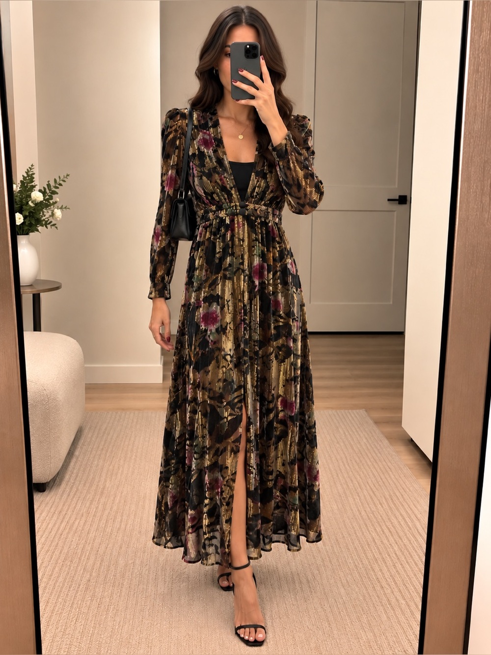 Floral Velvet Long Sleeve Maxi Dress in Olive & Black